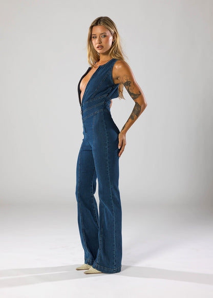 Moda & Olivia™ - Heart Cut Denim Flare Jumpsuit