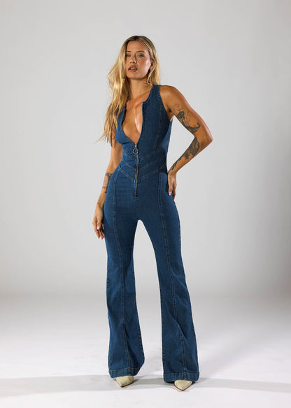 Moda & Olivia™ - Heart Cut Denim Flare Jumpsuit