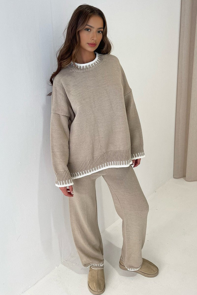 Taupe Chic Loungewear Wavy Edge Round Neck Pullover & Wide Leg Pants Co-ord